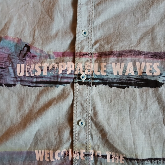 Bar lll Casual Button Down Beach Shirt | Men's - Small | Teal | Text Graphics - Picture 3 of 7